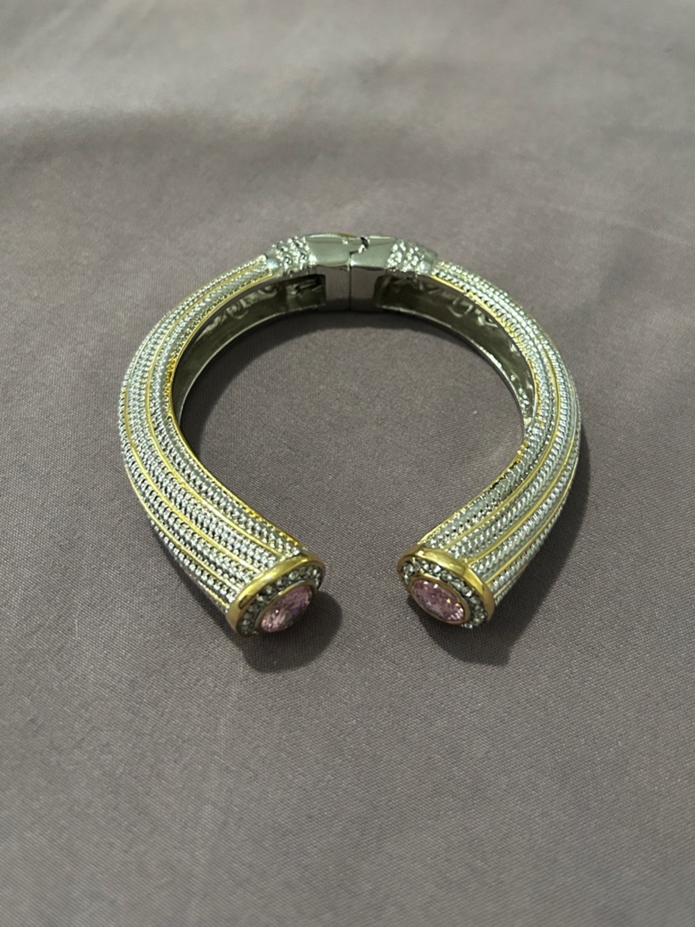 Two-Tone Crystal Cuff Bracelet with Pink Stone Accents